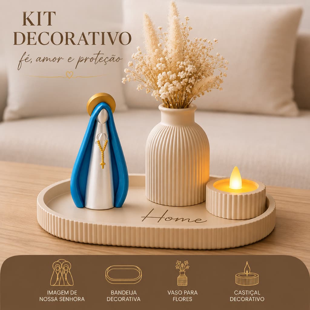 Kit Decorativo Nossa Senhora com Bandeja Vaso e Castiçal | Decoração Moderna para Sala e Lar Católico