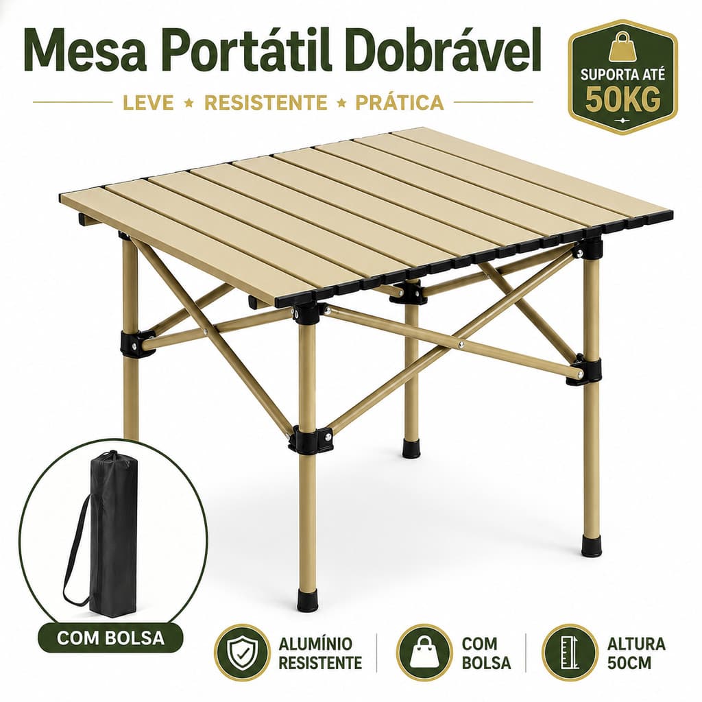 Mesa Dobrável 53x50cm Aço Carbono Ultraleve Portátil com Bolsa, Resistente para Camping e Piquenique