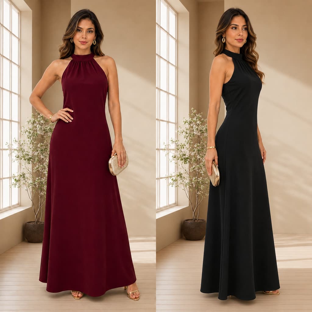 Vestido Feminino Longo Elegante Moda Evangélica Festa Social Casual Para Festas Casamentos Formaturas Duna Gola Alta