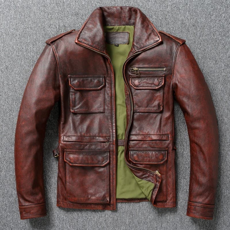 Outono inverno novo estilo americano Retro lapela Regular jaqueta de couro masculino primeira camada M65 vermelho marrom