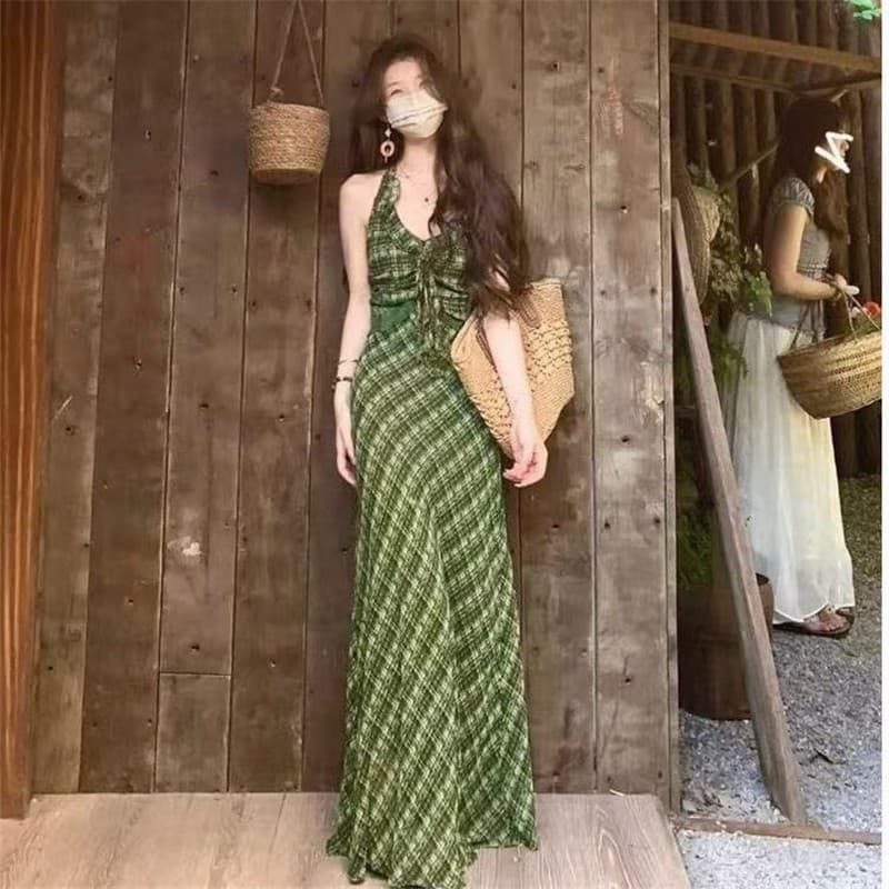 Retro fresco verde xadrez estilingue vestido 2026 novo estilo verão feminino temperamento suave cintura estreita mais ma
