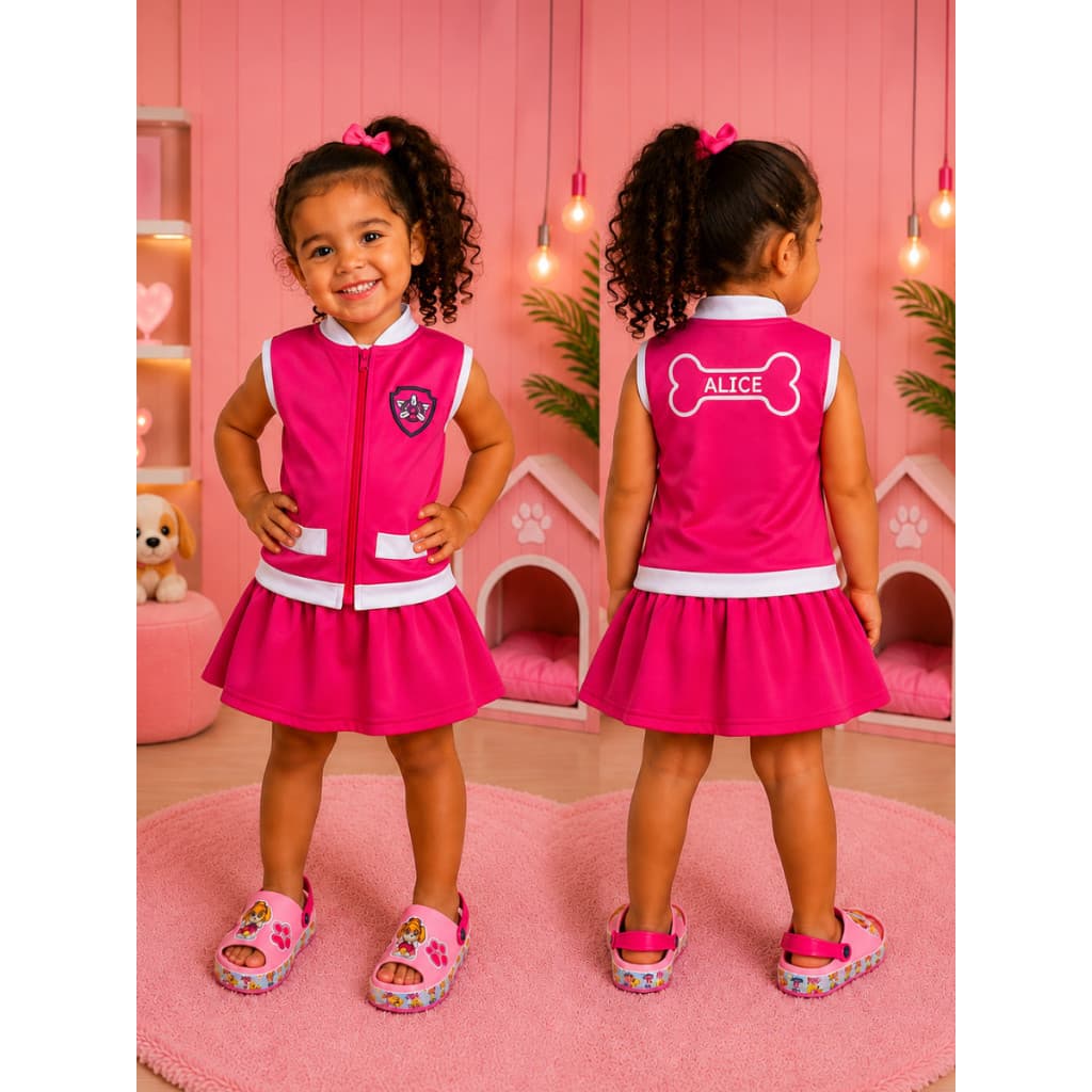 Kit Fantasia Infantil Skye Personalizado + Sandália Patrulha Canina Roupa Conjunto C/Nome Sapato Leve e Confortável