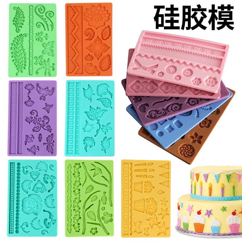 Molde de silicone em forma de Fondant, forma de bolo de aniversário, molde de impressão de silicone, flor, bolo, borda,