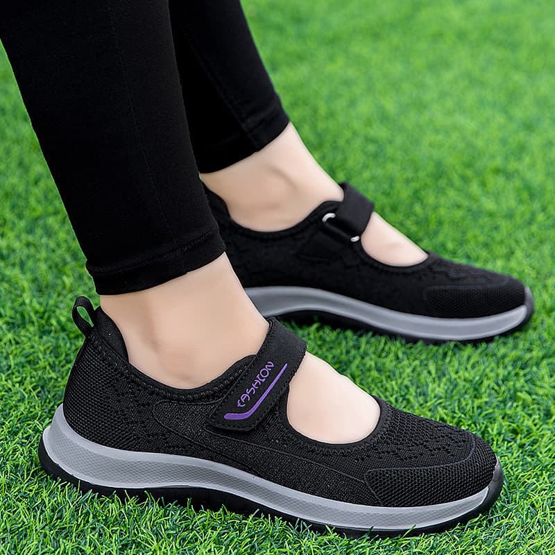 Sapatos Femininos Mary Jane com Fecho de Velcro, em Malha, Vazados, Respiráveis, com Sola Macia, Casuais para Idosos