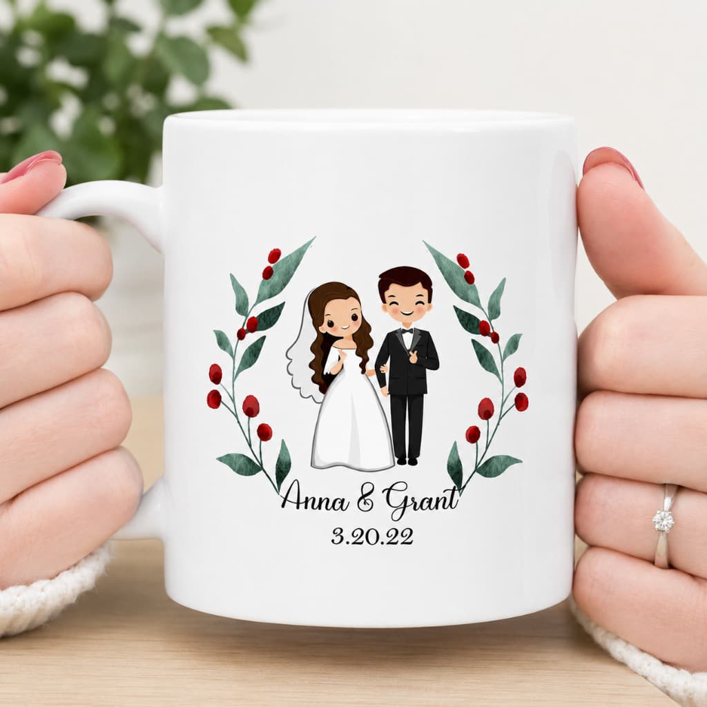 Caneca Personalizada Casal Noivinhos com Nome e Data – Porcelana 325ml | Presente para Casamento, Noivado e Bodas