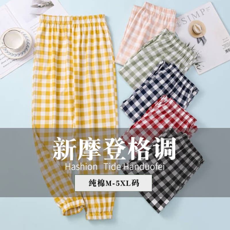 Calças de pijama de algodão puro xadrez japonês calças femininas primavera outono verão estilo fino tamanho grande gordu