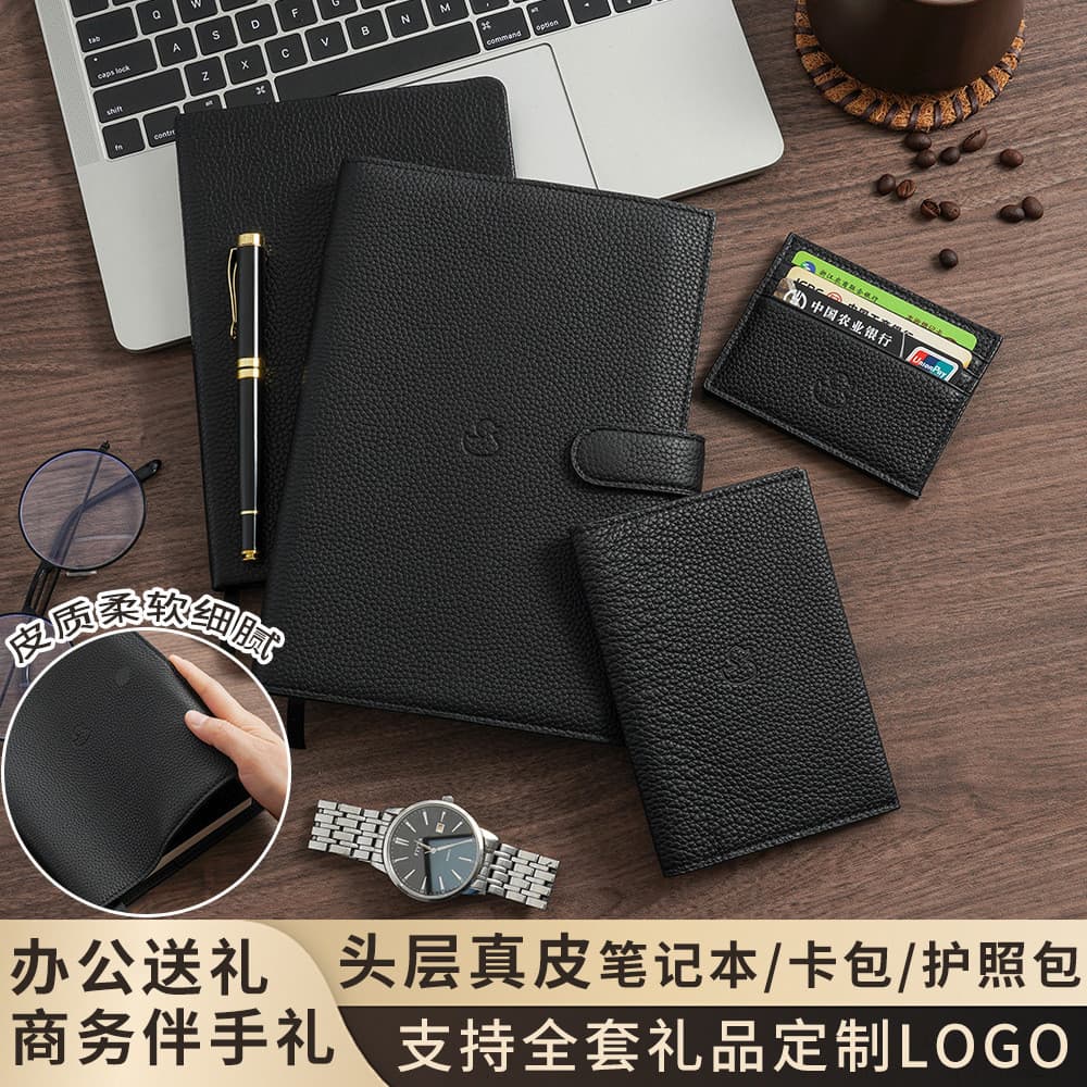 Conjunto de caderno em couro genuíno, porta-cartões de visita, porta-passaporte, caixa de presente com bloco de notas, l
