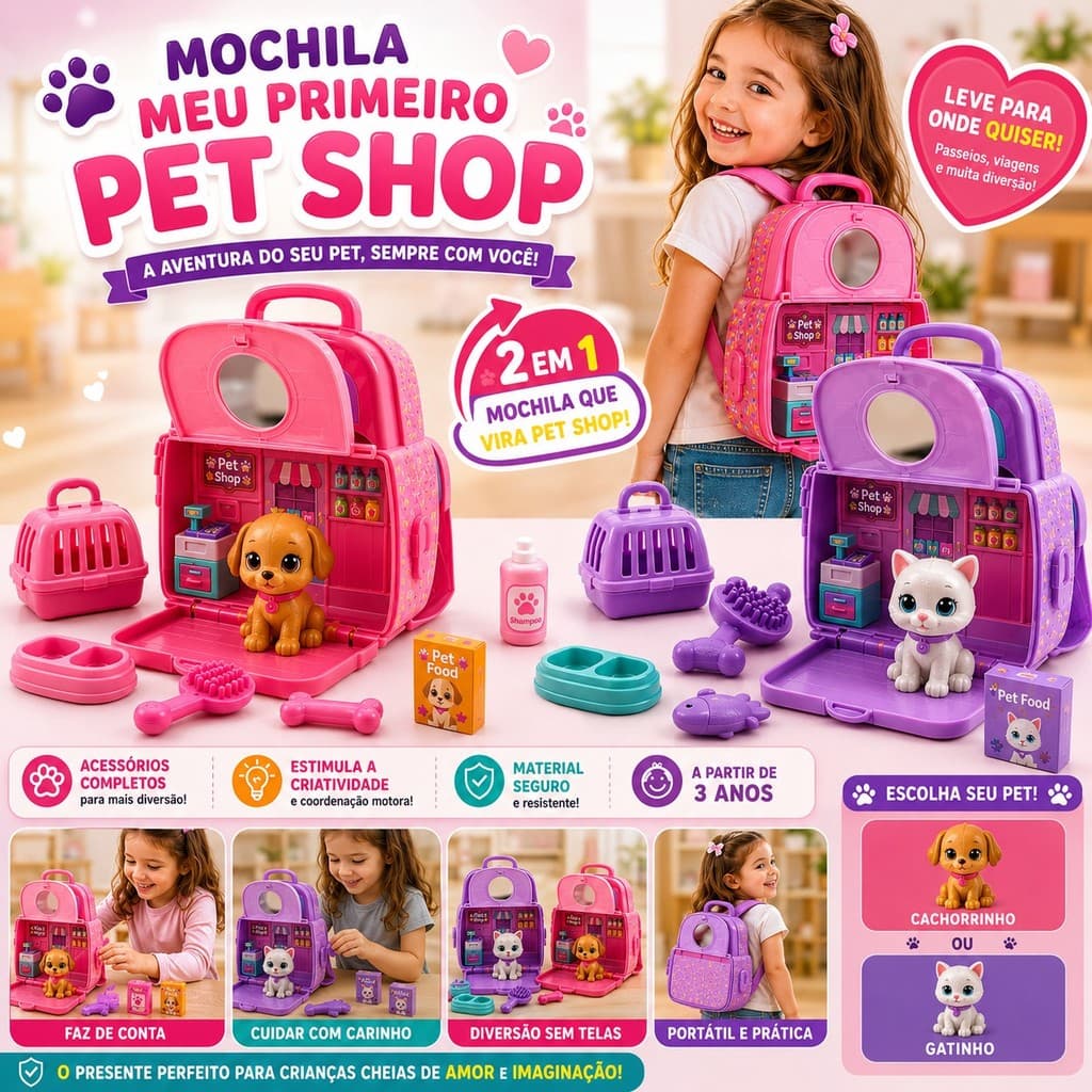 Mochila Pet Shop Infantil com Acessórios | Meu Primeiro Pet Shop Casinha Portátil 3+