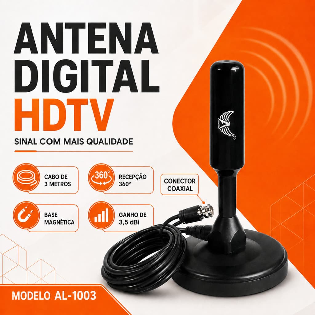 Antena Digital HDTV para TV AL-1003 com Cabo de 3 Metros, Base Magnética e Conector TIPO F