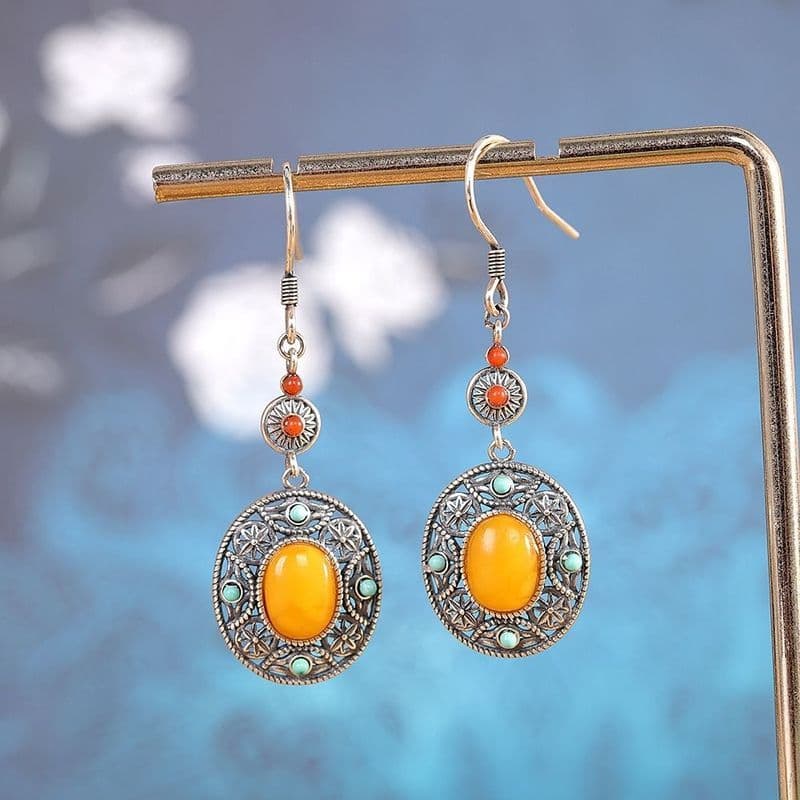 Brincos estilo tibetano S925 prata incrustada brincos de cera de abelha antigo angustiado Retro feminino brincos exótico