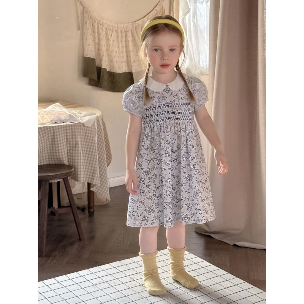 2026 verão roupas infantis borboleta impressão Range Rover meninas vestido estilo francês elegante mangas bufantes médio