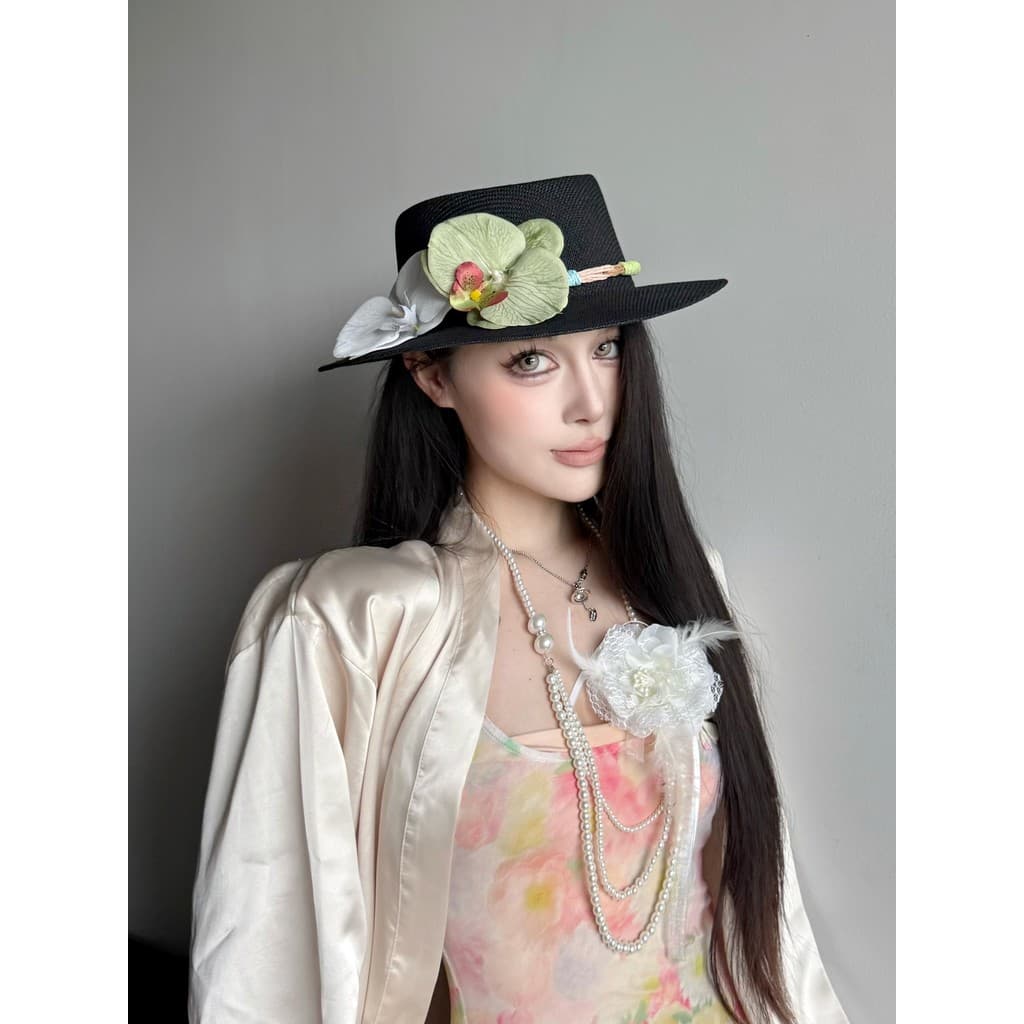 Flor Original ranhurada superior algodão fio de linho grande borda chapéu superior francês feminino verão férias estilo