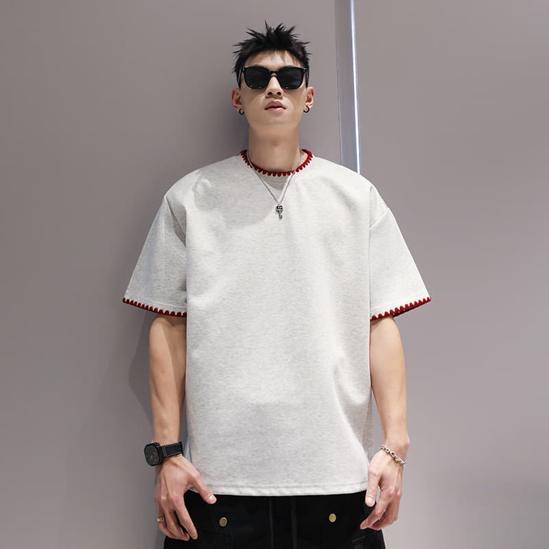 American Street Wear Heavy Cotton Shell Bordado Camiseta de manga curta masculina 2025 Verão Nova camiseta solta simples
