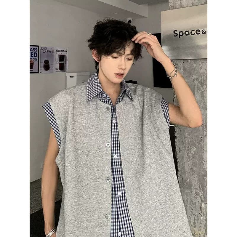 Falso de duas peças sem mangas camisa colete masculino verão estilo coreano Design nicho jaqueta xadrez costura Cardigan