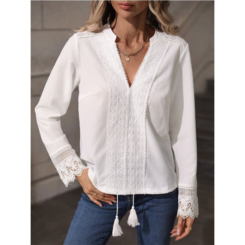 Moda Feminina Blusa De Renda Senhoras Topos Com Decote Em V Borla Camisa Versátil