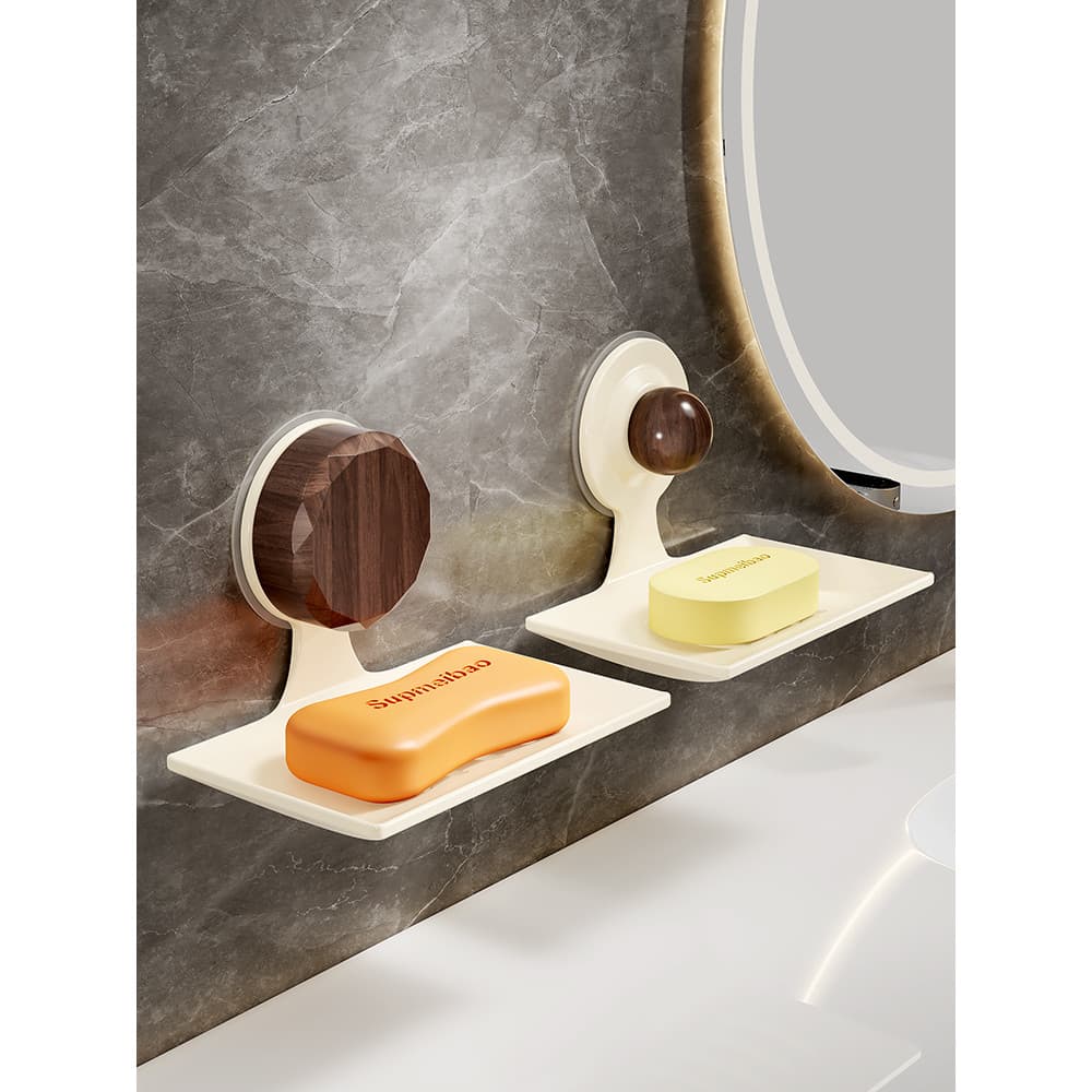 Ventosa de grão de madeira sem perfuração, saboneteira para banheiro, saboneteira de parede, drenável, criativa, simples