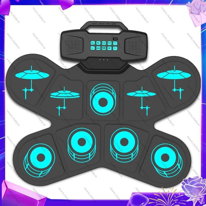 [vincent_c] Conjunto De Bateria Eletrônica Tambor De Rolo Manual 9 Almofadas Alto-Falante Duplo Recarregável Kit Para Pr