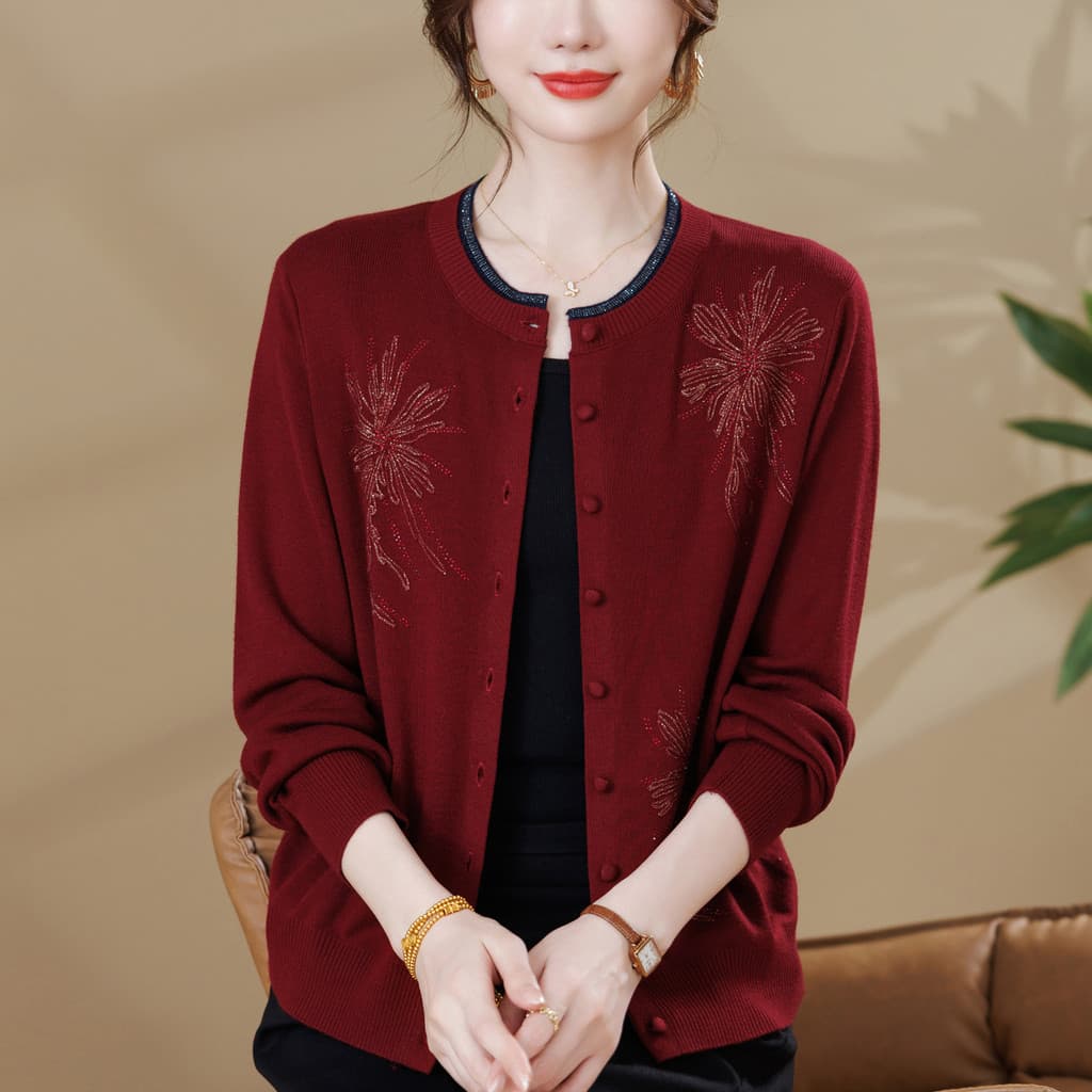 Moda de meia-idade idosos feminino primavera outono usar jaqueta de malha fina mãe Plus Size cardigan cardigan de alta q