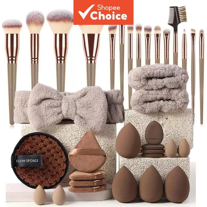 Conjunto de pincéis e esponjas de maquiagem, esponja marrom para pó, esponja de beleza, faixa de cabelo, conjunto de rem