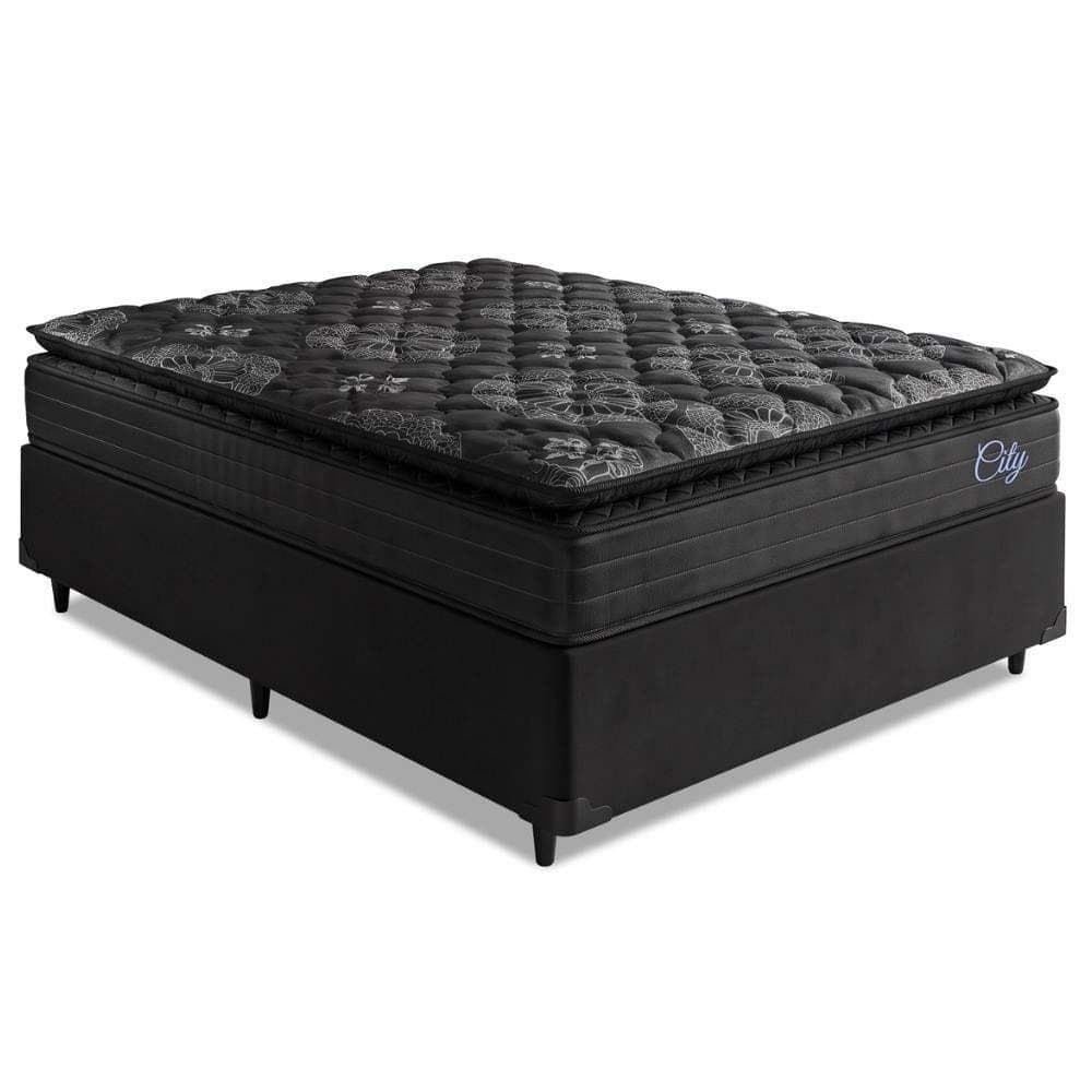 Cama Box Casal Colchão Com Molas Ensacadas City Pillow Top 138x188x61cm Preto Hellen