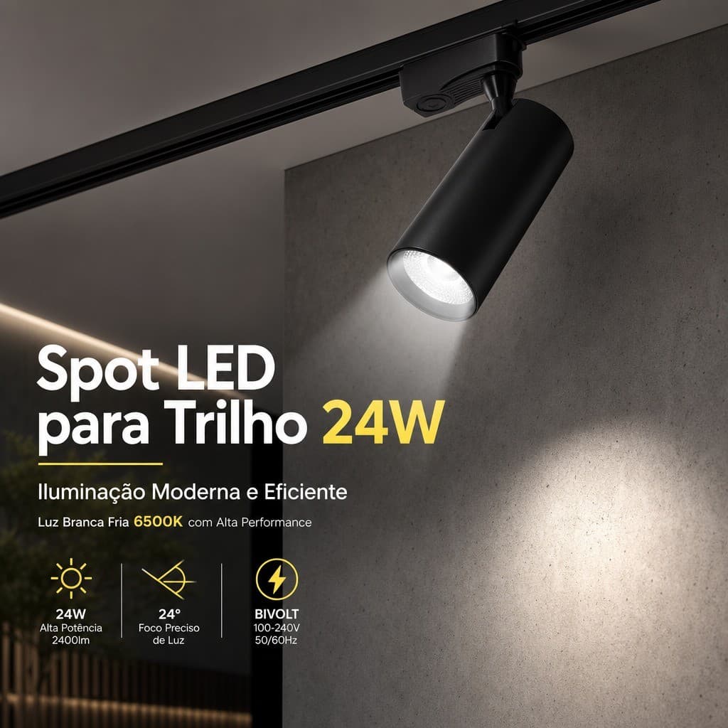 Spot Led Trilho Foco Direcionavel Preto 24w 6500k
