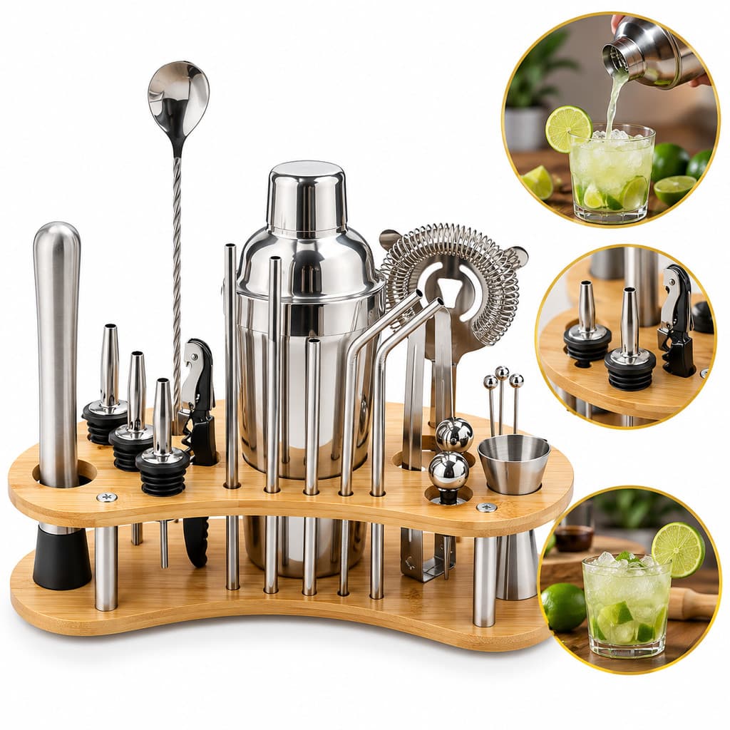 Kit Coquetelaria Caipirinha c/ 12/13/17/19/23 Peças - Copos Aço Inox c/ Suporte Bambu