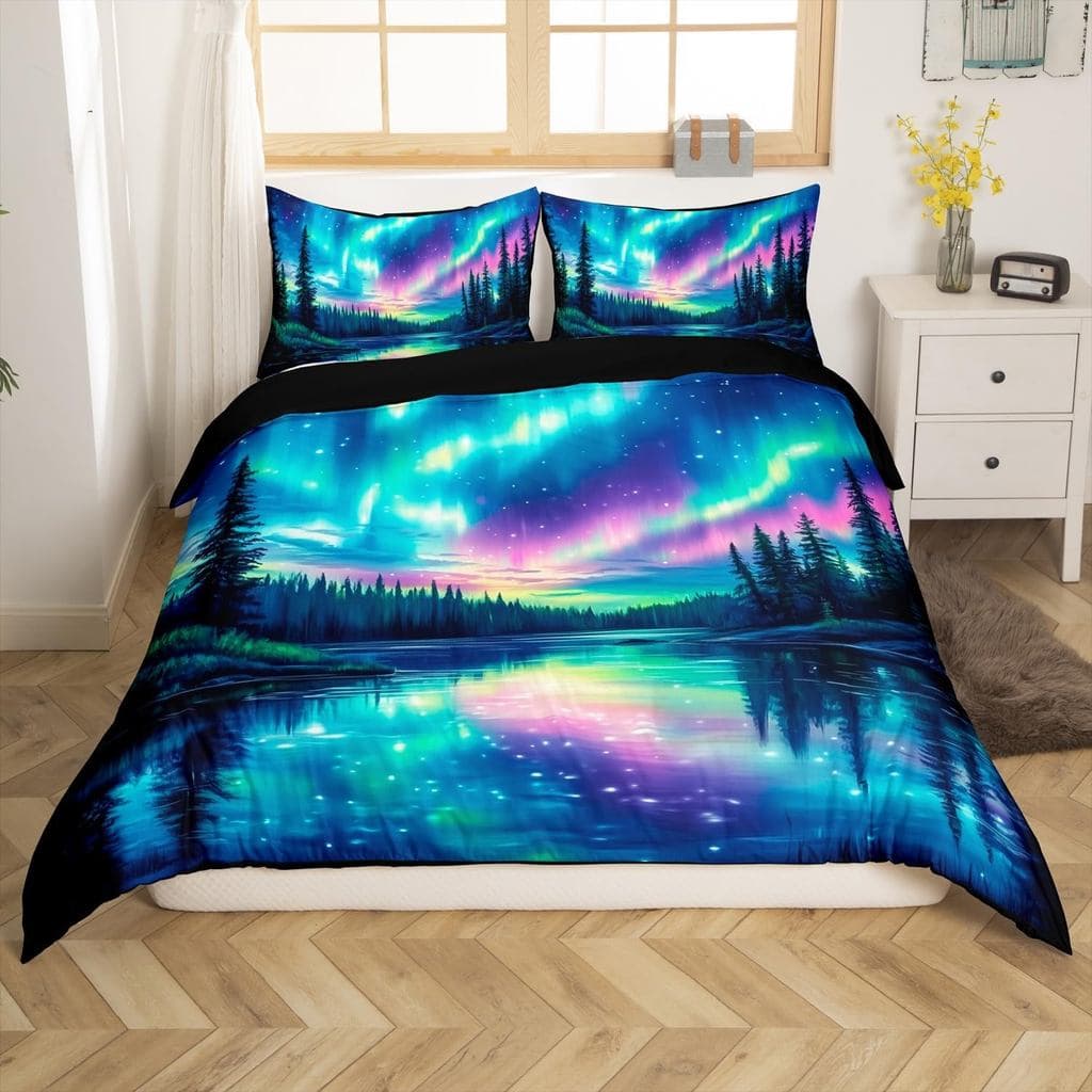 Conjunto de Capa de Edredom Infantil Aurora Boreal Tamanho King, Conjunto de Cama Sonhador Céu Estrelado Arco-Íris Pólo