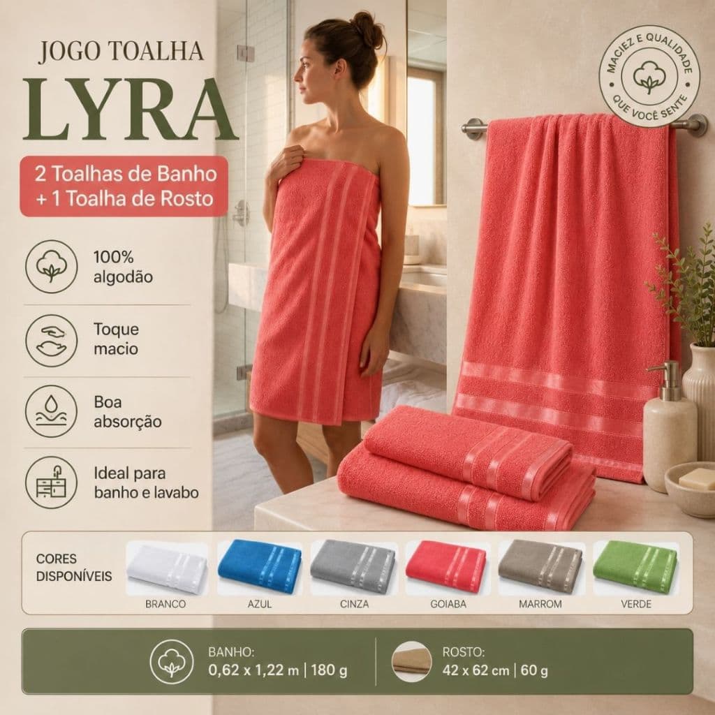 Jogo 3 Peças Toalha Lyra Banhão 2 Banho E 1 Rosto Kit 3 Toalhas Para Banheiro Algodão Absorção