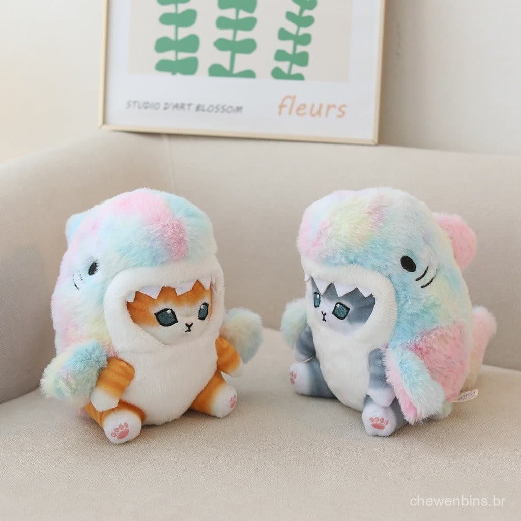 Gato Tubarão de Desenho Animado se Transforma em Boneca de Pelúcia Macia e Fofa, Brinquedo de Almofada de Gatinho Sentad