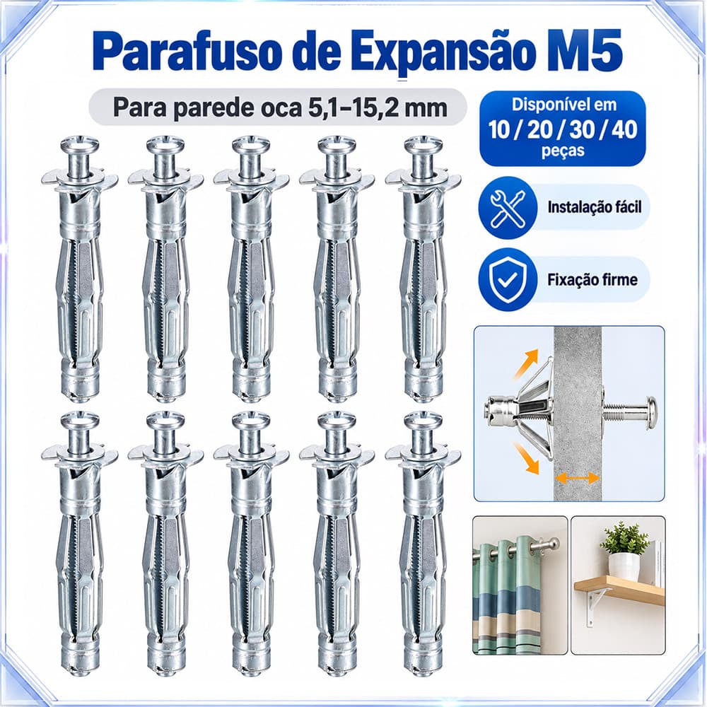 Parafusos de expansão 10/20/30/40 M5 adequados para parede oca de 5.1-15.2 mm, fácil instalação, forte