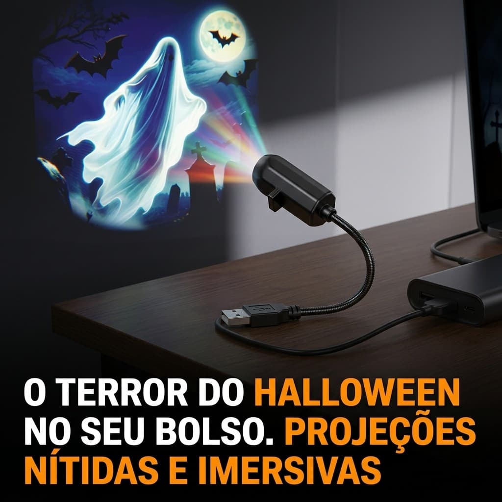 Projetor LED USB Halloween Mini Luz de Projeção de Terror Caveira Fantasma Decoração para Festas e Quarto Portátil