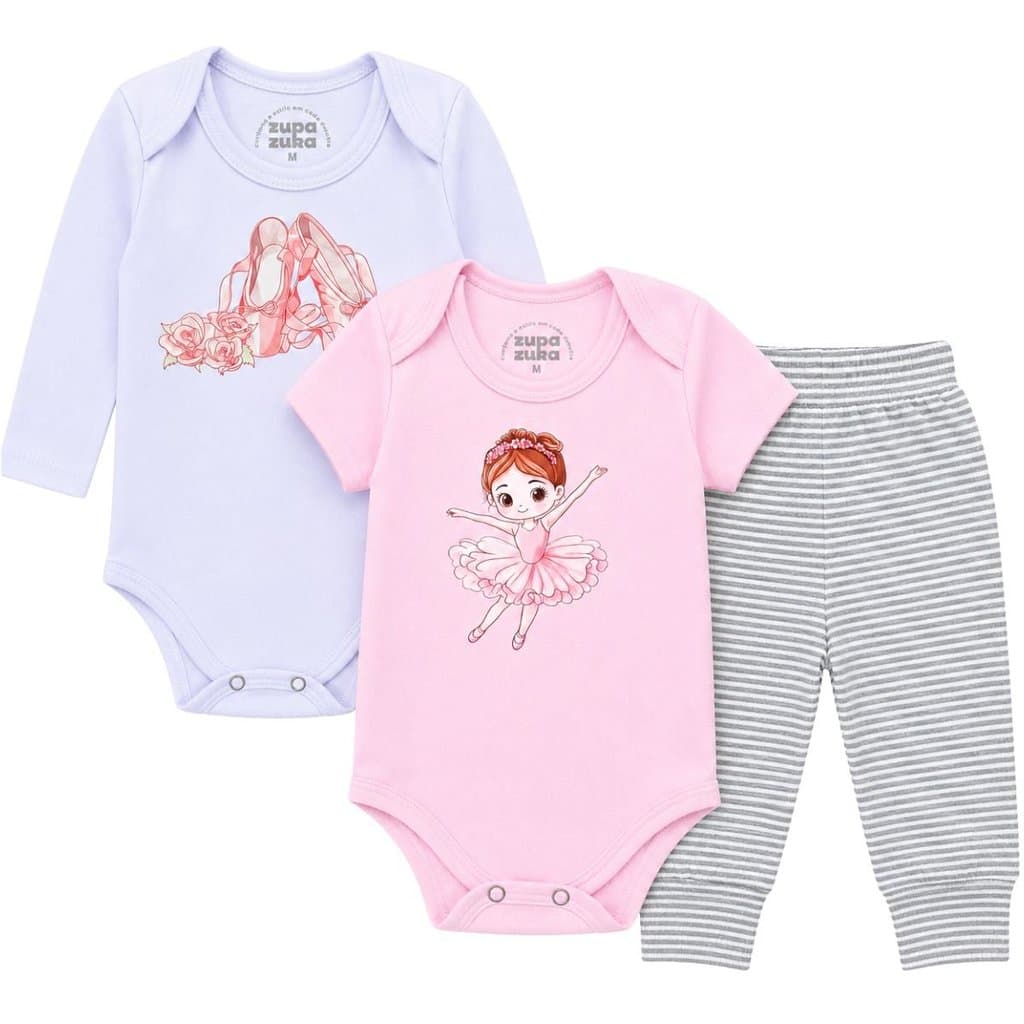 Kit Bebê Menina 3 Peças Suedine Algodão Body Manga Longa Curta + Calça Bailarina
