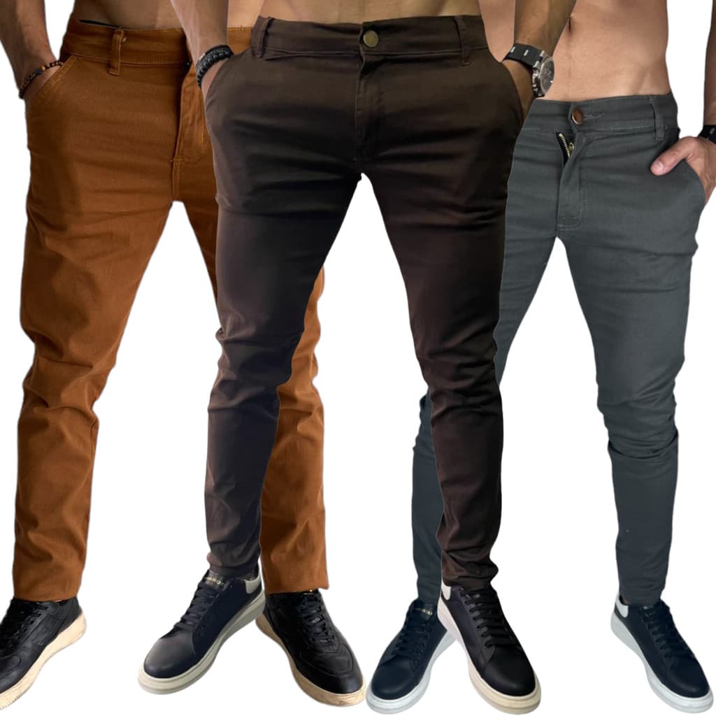 3 Calças Sarja Slim Fit Masculina Alfaiataria Premium Casual Dia a Dia Elegante