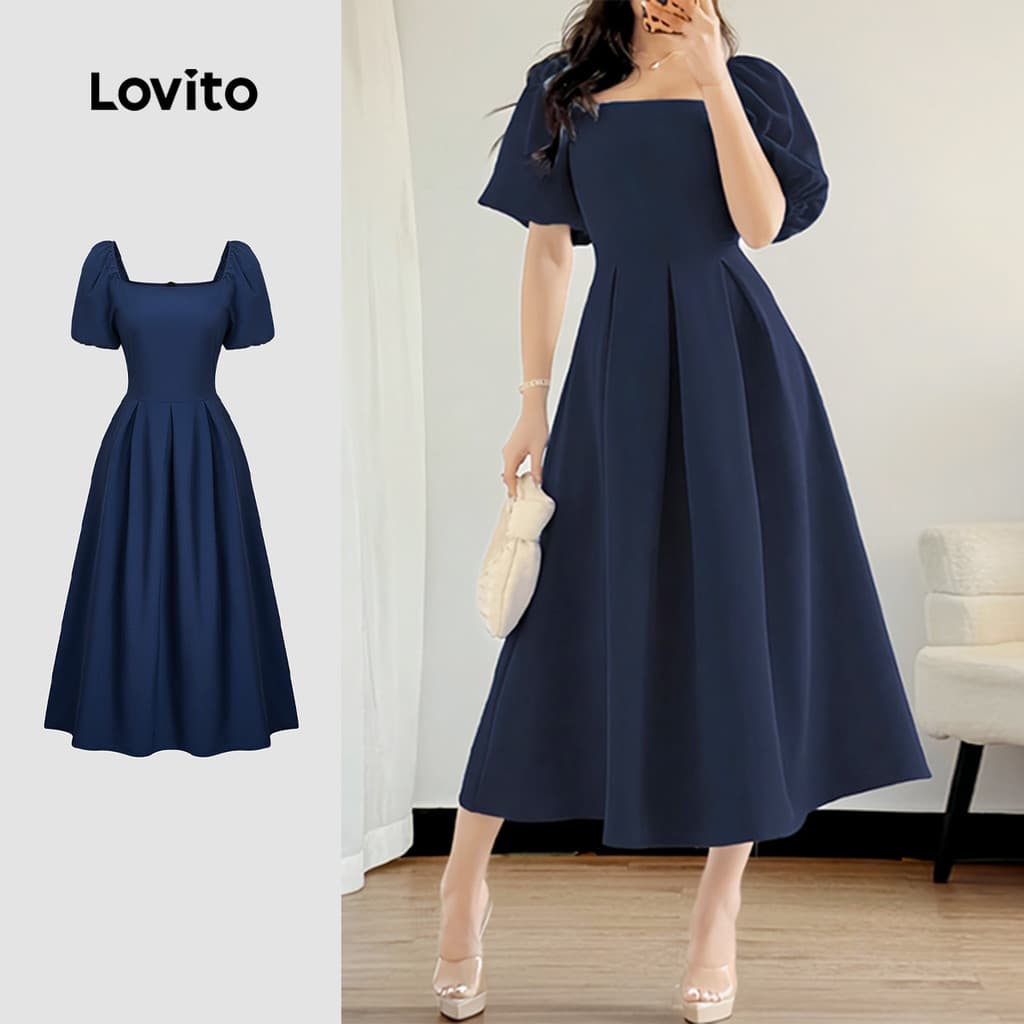 Nacional Lovito Elegante Vestido em Chiffon com Pregas para Primavera/verão Azul-marinho para Mulheres L154ED592