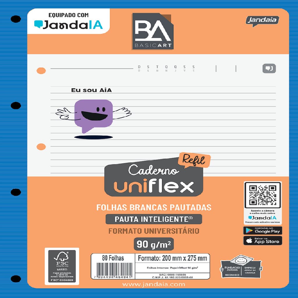 Refil Uniflex IA Universitário 4 Furos 80 Folhas Jandaia - 1 Unidade
