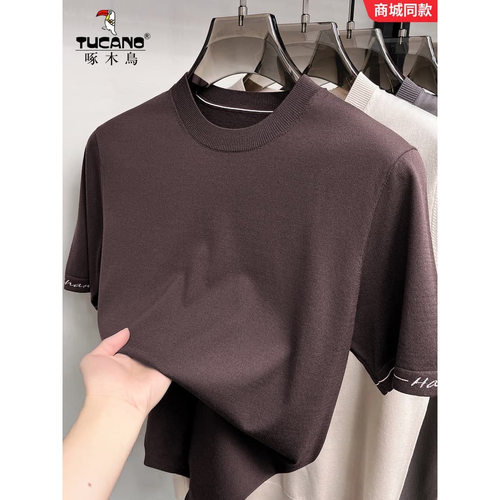 Woodpecker verão malha de manga curta camiseta novo estilo Jacquard respirável em torno do pescoço topo masculino Casual