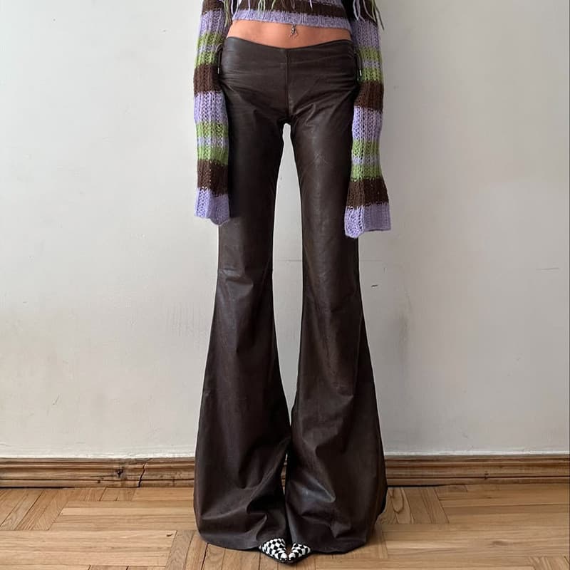 Hexi outono Retro marrom couro costura mais magro olhar cintura baixa rendas calças quente menina Punk personalidade mag