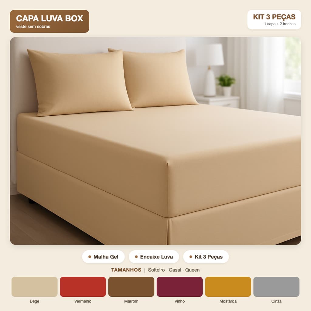 Capa de Colchão Casal Box Malha Gel Kit 3 Peças Luva Antiácaro Lavável + 2 Fronhas