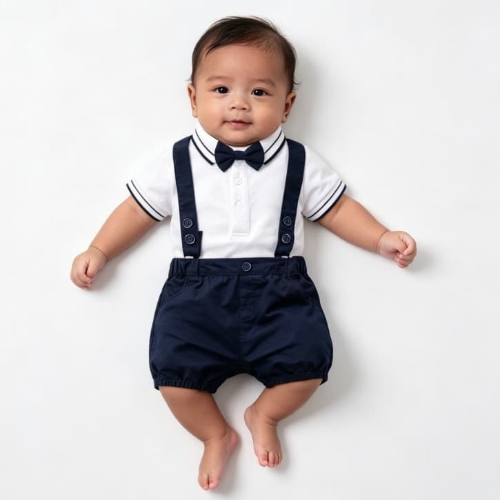 Roupa De Chefe De Bebê Para Menino De 1 Ano , Body Polo Com Laço , Shorts Suspensório Azul , Aniversário Bebês Meninos ,