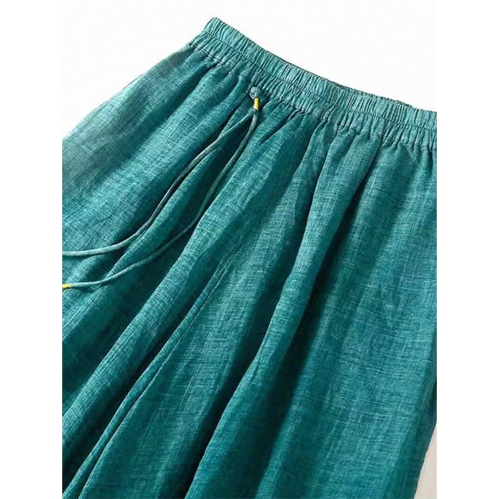 Zmo Qinghe ~ Novo estilo chinês estilo chinês fivela de disco Ramie calças de perna larga femininas calças casuais retas