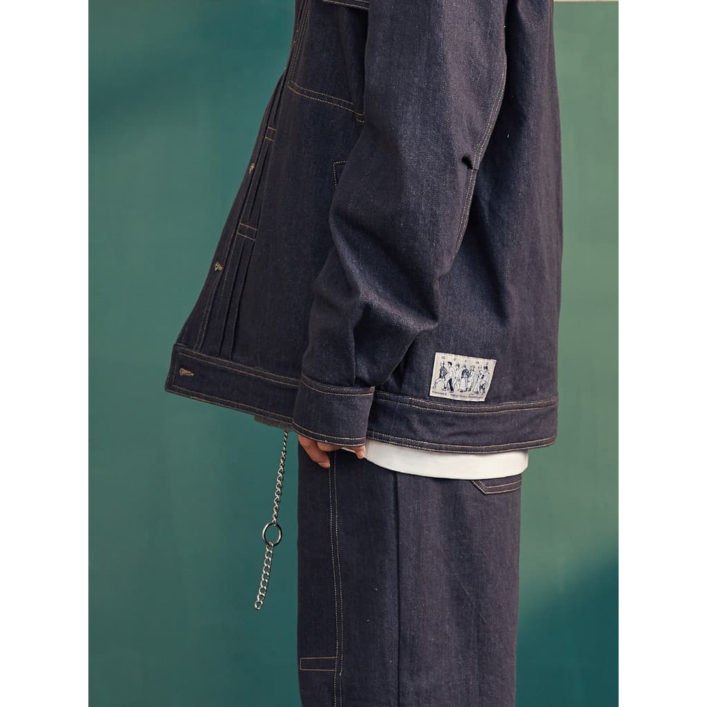 [349 Yuan Opcional Três Peças] Jaqueta Jeans Retro Nacional Trendy Tooling Jaqueta Unissex Masculina