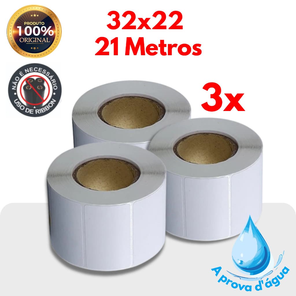 3 Rolos de etiqueta termica a prova d'água 32x22 1 coluna 21 Metros