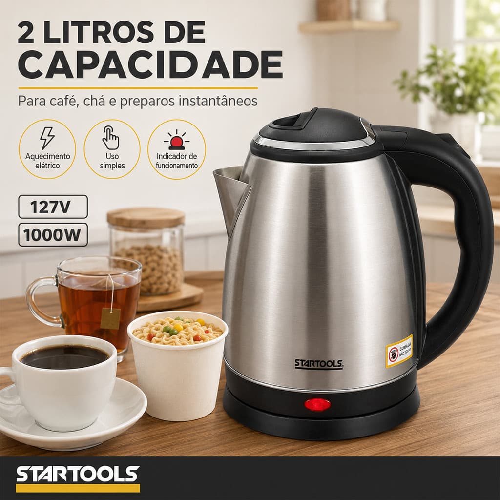 Chaleira Elétrica Aço Inox 2L 127V Para Chá Café Água Quente Base Removível Automática