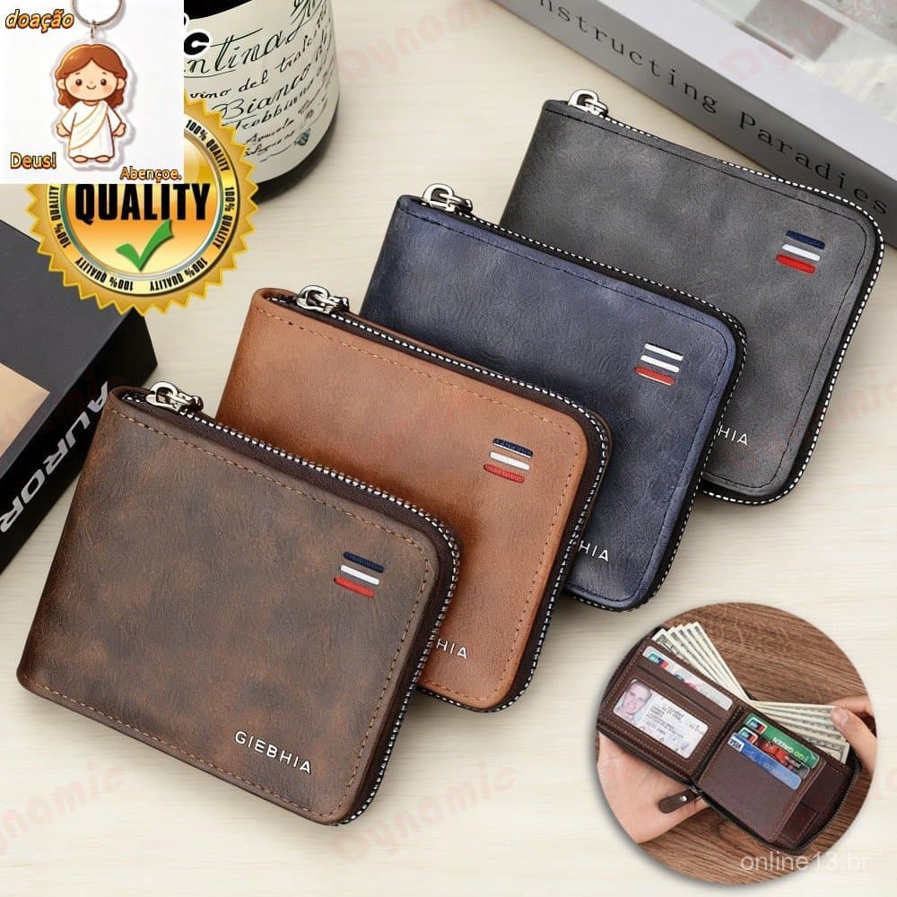 Carteira Masculina Moderna Com Zíper Multifuncional Com Porta Moedas Cartão e Bolso Interno de Zíper Nova-DY