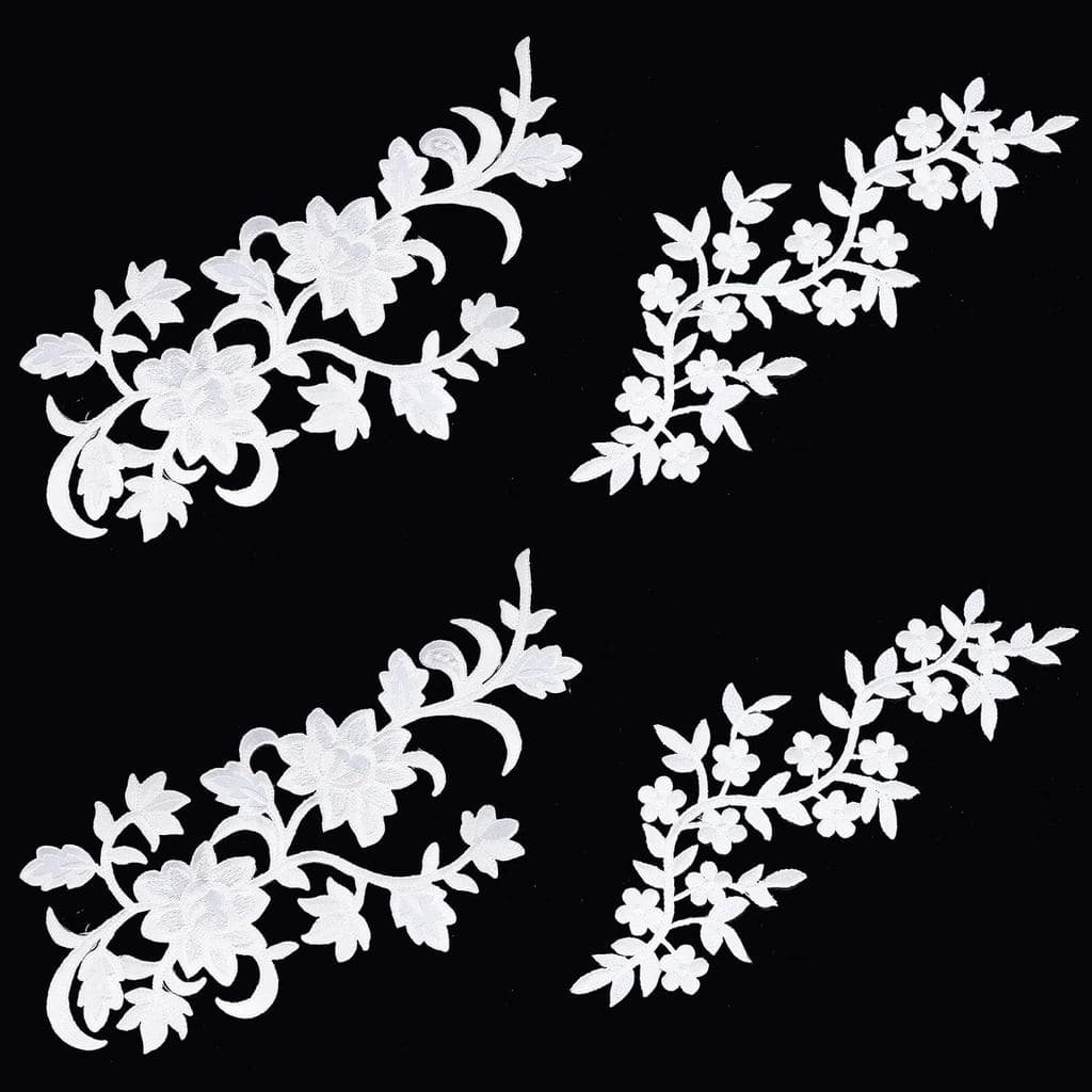 PH PandaHall 4 peças de apliques de flores para passar a ferro, 2 estilos de apliques bordados brancos decorativos para
