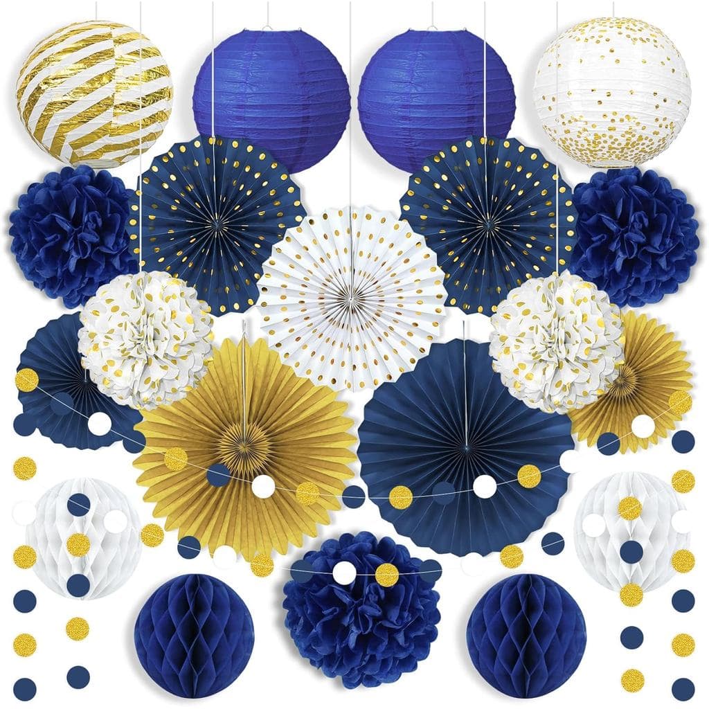 Decorações de Festa Azul e Dourada - 22 Peças de Lanternas de Papel Azul Marinho, Azul Royal, Branco e Dourado, Pom Poms