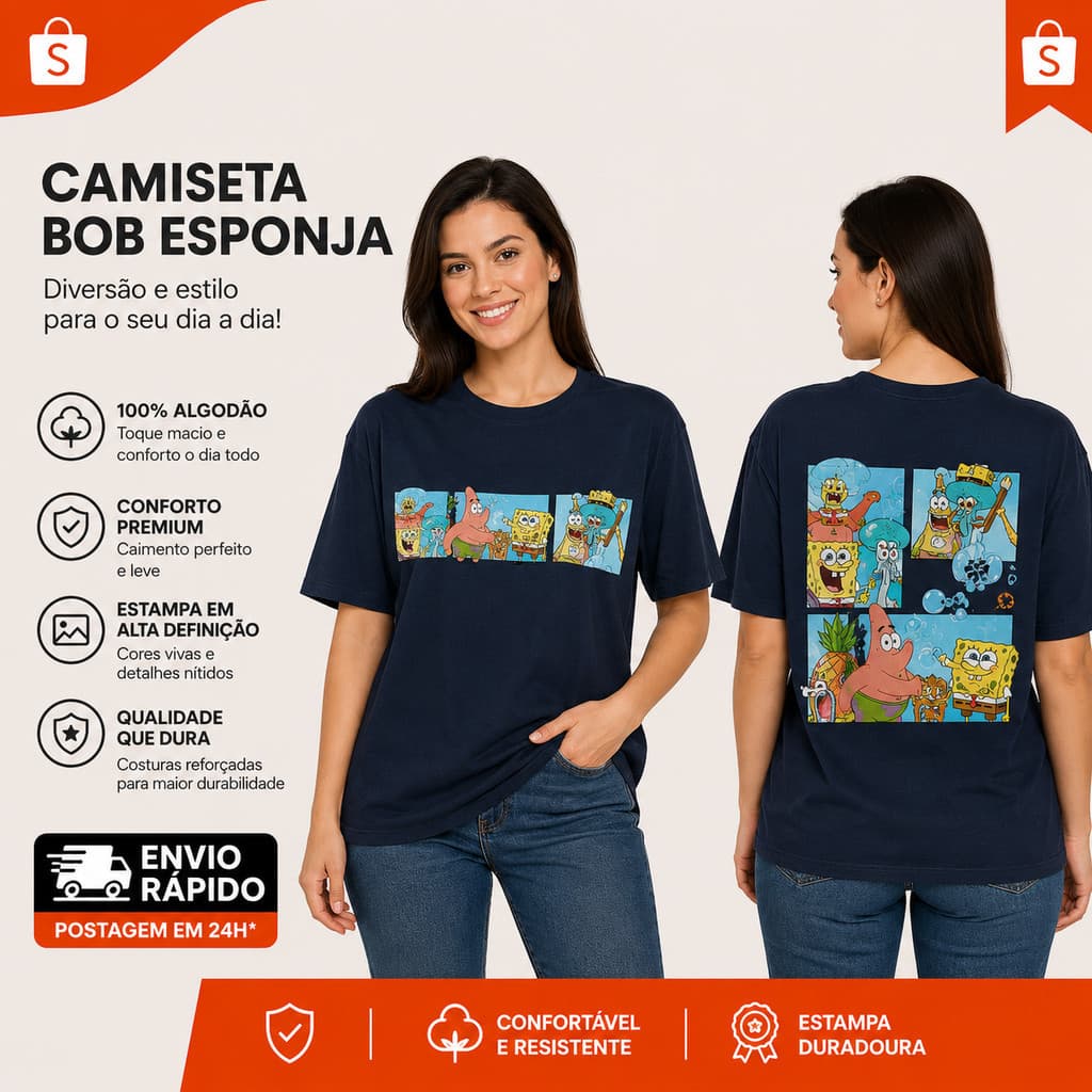 Camiseta Camisa Várias Estampas Bob Esponja Patrik Estrela do Mar Camisa 100% Algodão Envio imediato