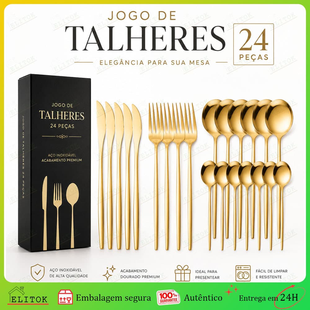 Jogo de Talheres 24 Peças Inox Dourado - Faqueiro para Casa e Restaurante