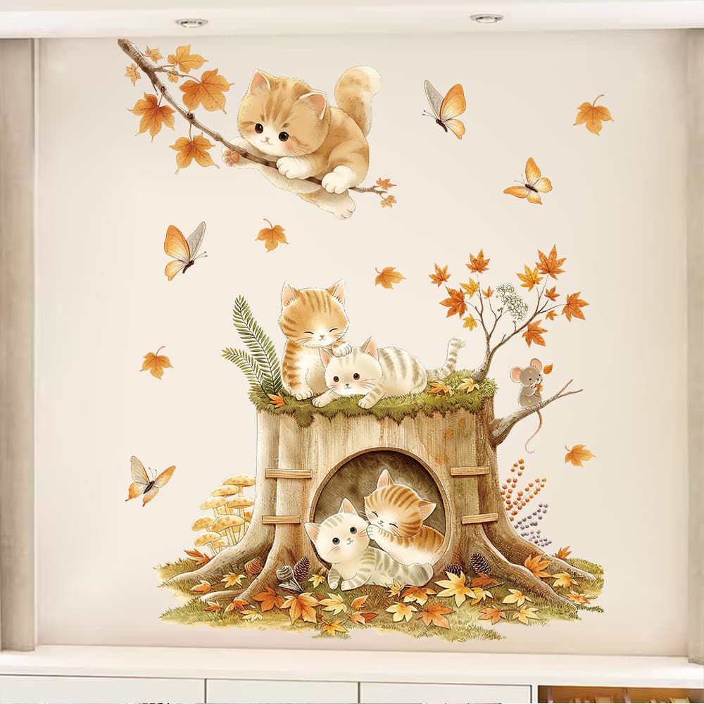 [Estoque pronto] Adesivo de decoração de quarto infantil de gato de desenho animado, adesivo de parede de PVC quente e f