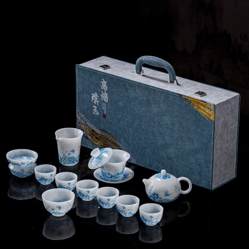 Conjunto completo de porcelana de jade puro azul branco azul cor conjunto de chá bule doméstico